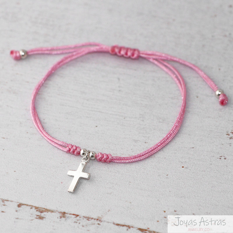 PULSERA HILO ROSADA CRUZ AJUSTABLE