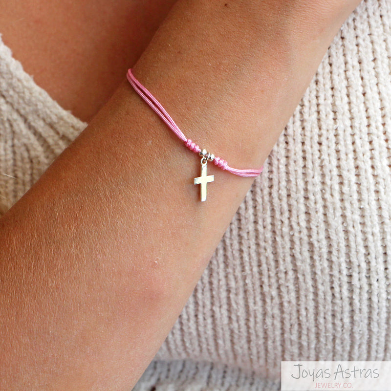PULSERA HILO ROSADA CRUZ AJUSTABLE